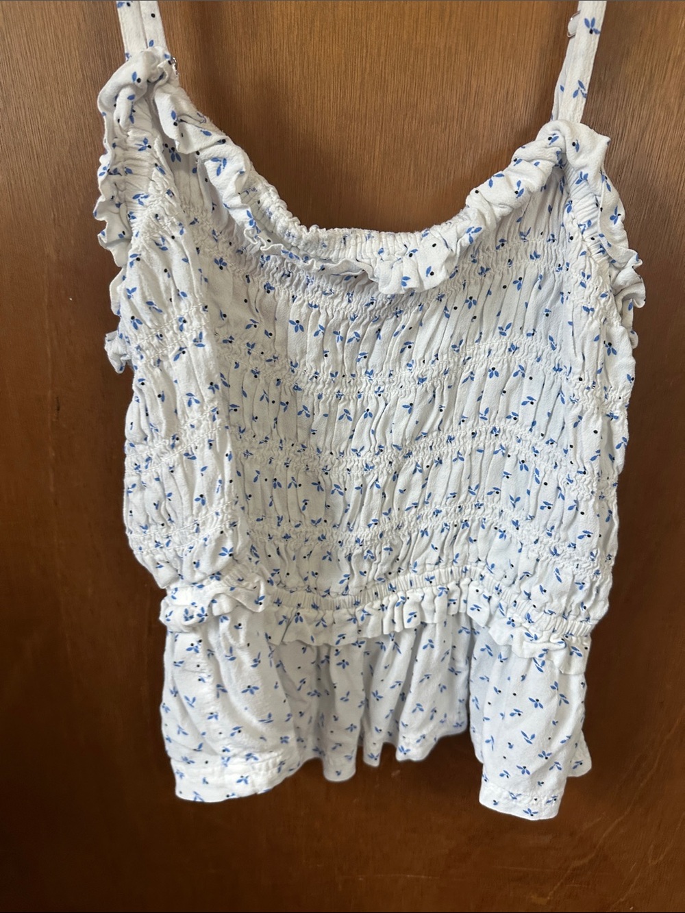 Smocked Ruffle Tie-Strap Camisole in White with Blue Floral